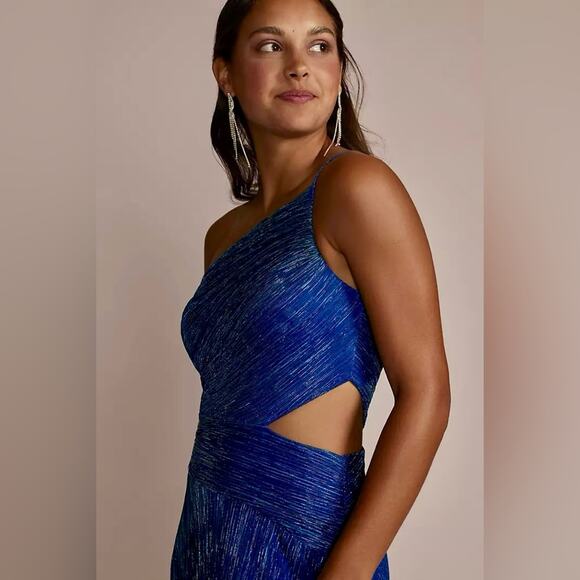 NWT Betsy & Adam One Shoulder Metallic A-Line Dress with Cutout A25539 Blue - 20 - Picture 3 of 16